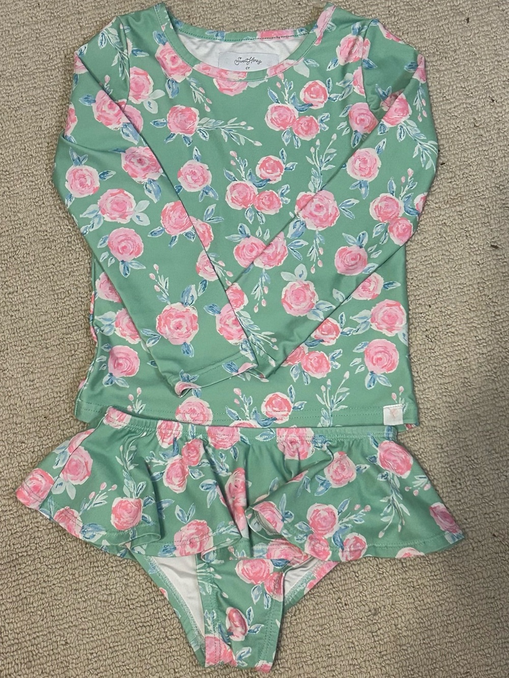 SweetHoney 6Y Floral Rash Guard Swimsuit Set Mint Pink Long Sleeve Two Piece